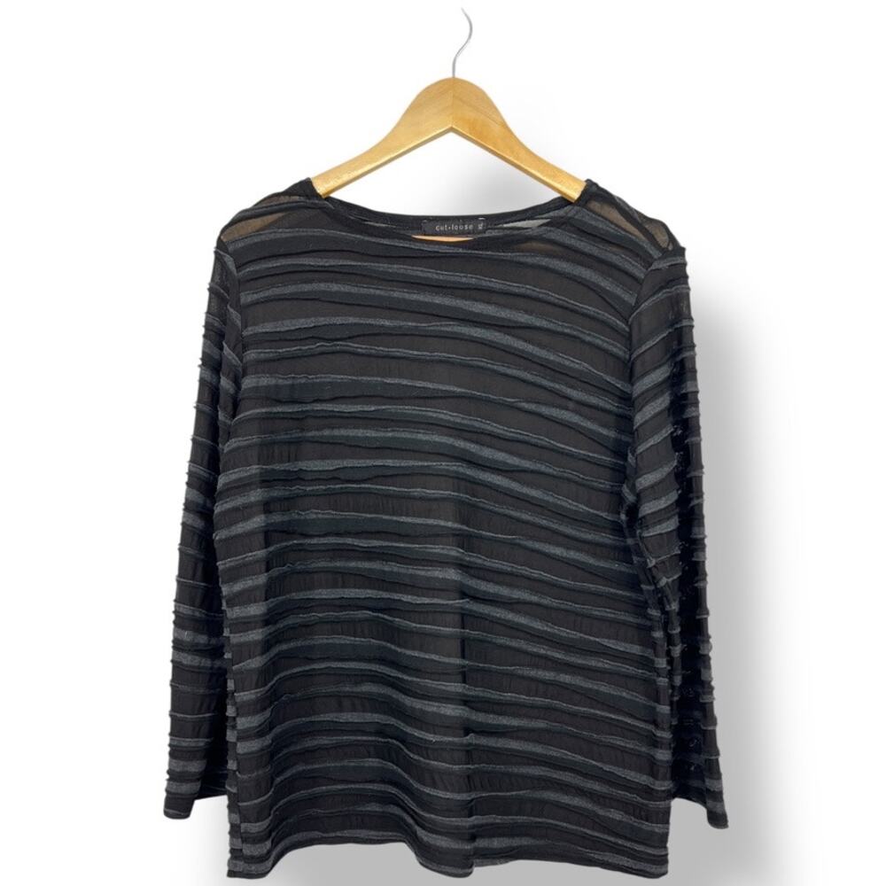 Cut Loose Black Striped Layers Cotton and Mesh Blend Scoop Neck Blouse XL‎